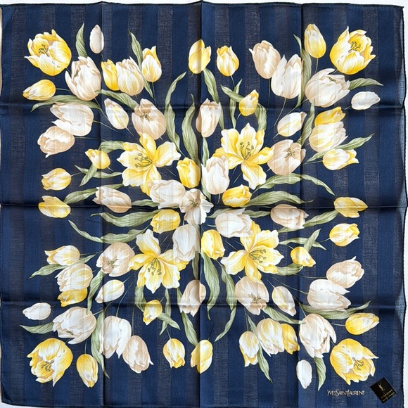 Yves Saint Laurent Floral Scarf - Yellow and Cream Tulips on Navy - Picture 1 of 4